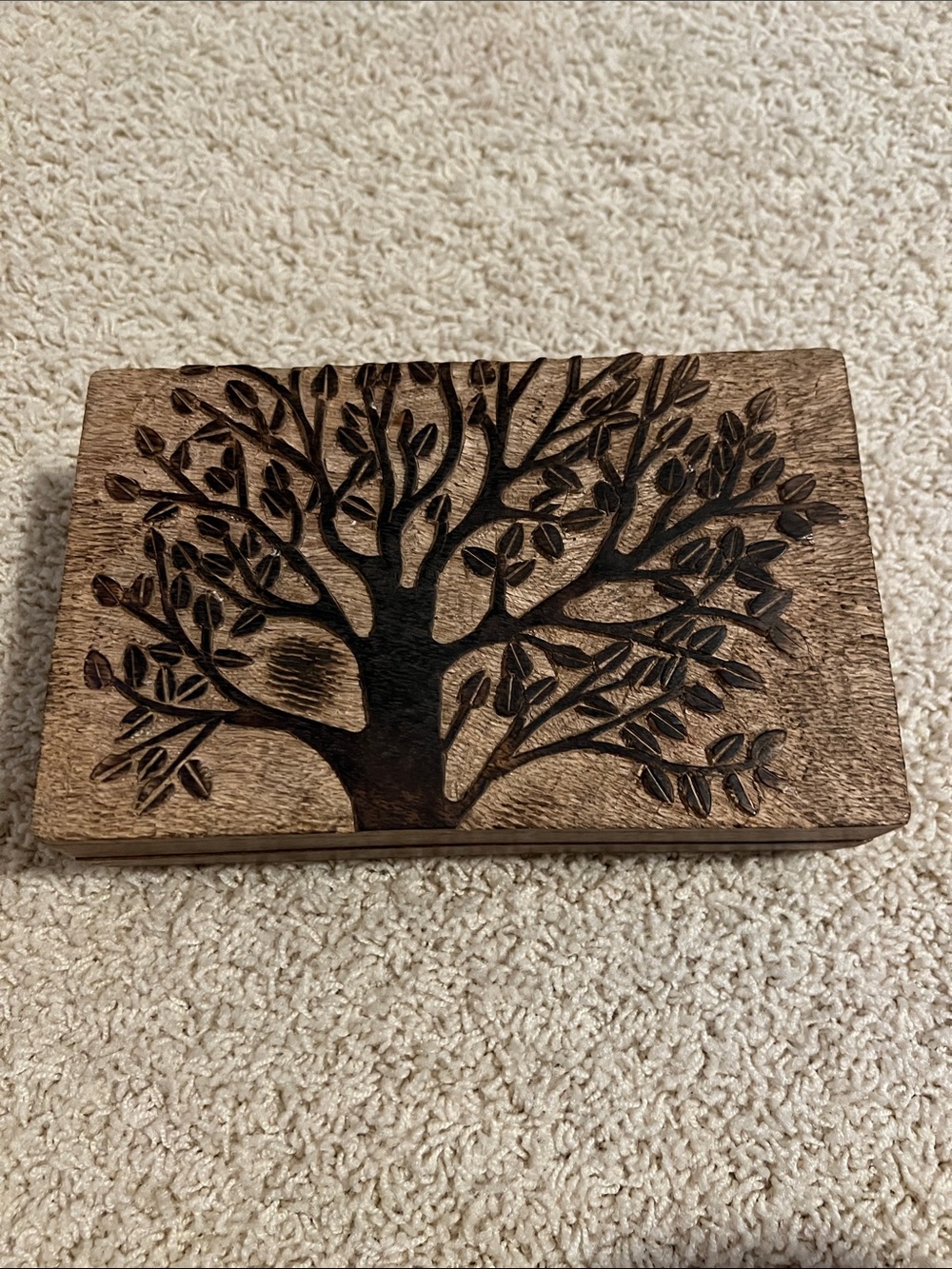 Tree of Life Carved Wooden Tree Trinket Box - Natural Brown